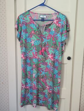 🩵 🩷 Stella Parker M Dress  Island Tropical Print Tassel Tie Beach Ocean Shell